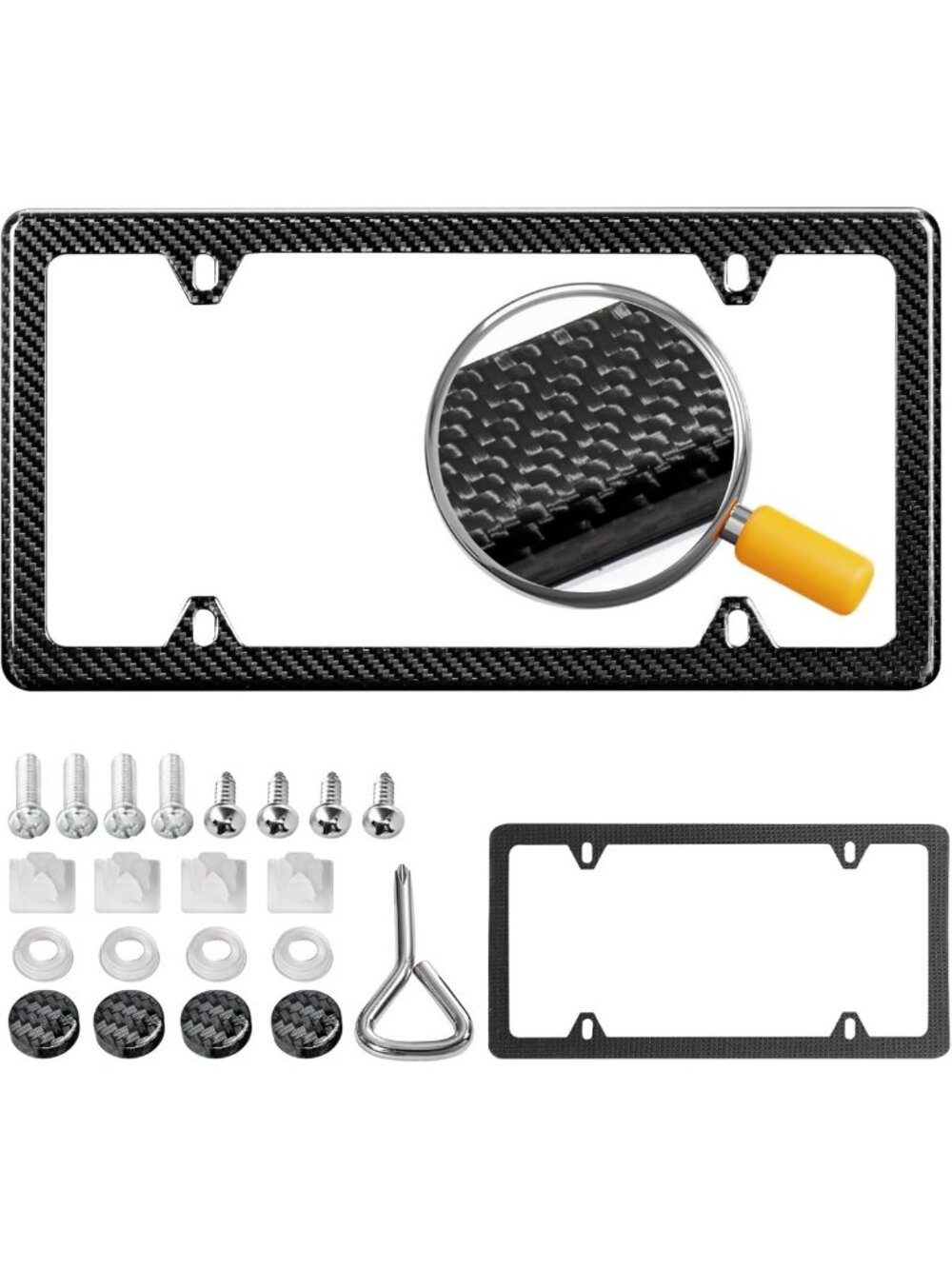 100% Pure Carbon Fiber License Plate Frame - Black Holder with Anti-Vibration